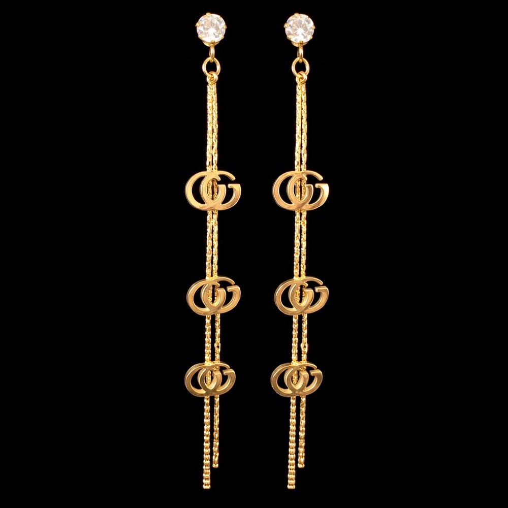 Gold Long Drop Earrings with Interlocking Logo Accents